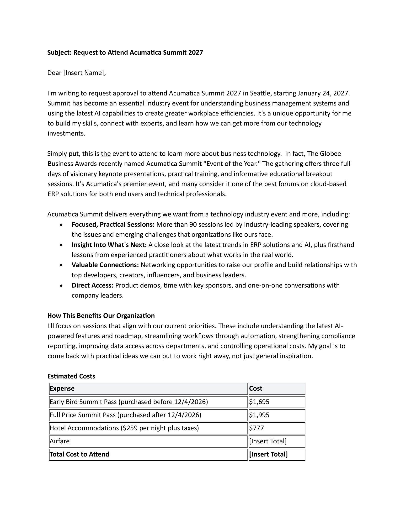 Letter to Attend Summit